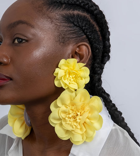 1 Pair Elegant Large Yellow Floral Drop Earrings for Women - Stylish Polyester Flower Design