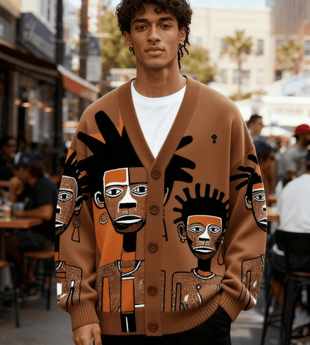 Men Fashion V-Neck Knitted Cardigan with Tribal Portrait Pattern Print, Lightweight Jacket, Casual And Warm Long Sleeves, Trendy And Versatile