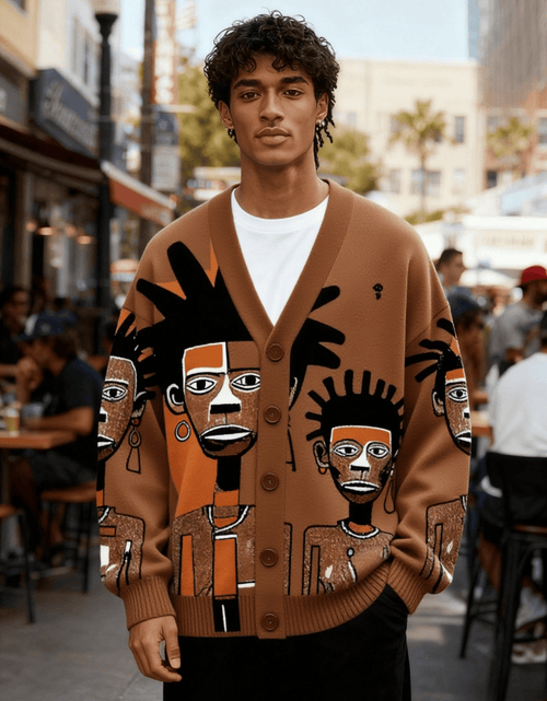 Load image into Gallery viewer, Men Fashion V-Neck Knitted Cardigan with Tribal Portrait Pattern Print, Lightweight Jacket, Casual And Warm Long Sleeves, Trendy And Versatile
