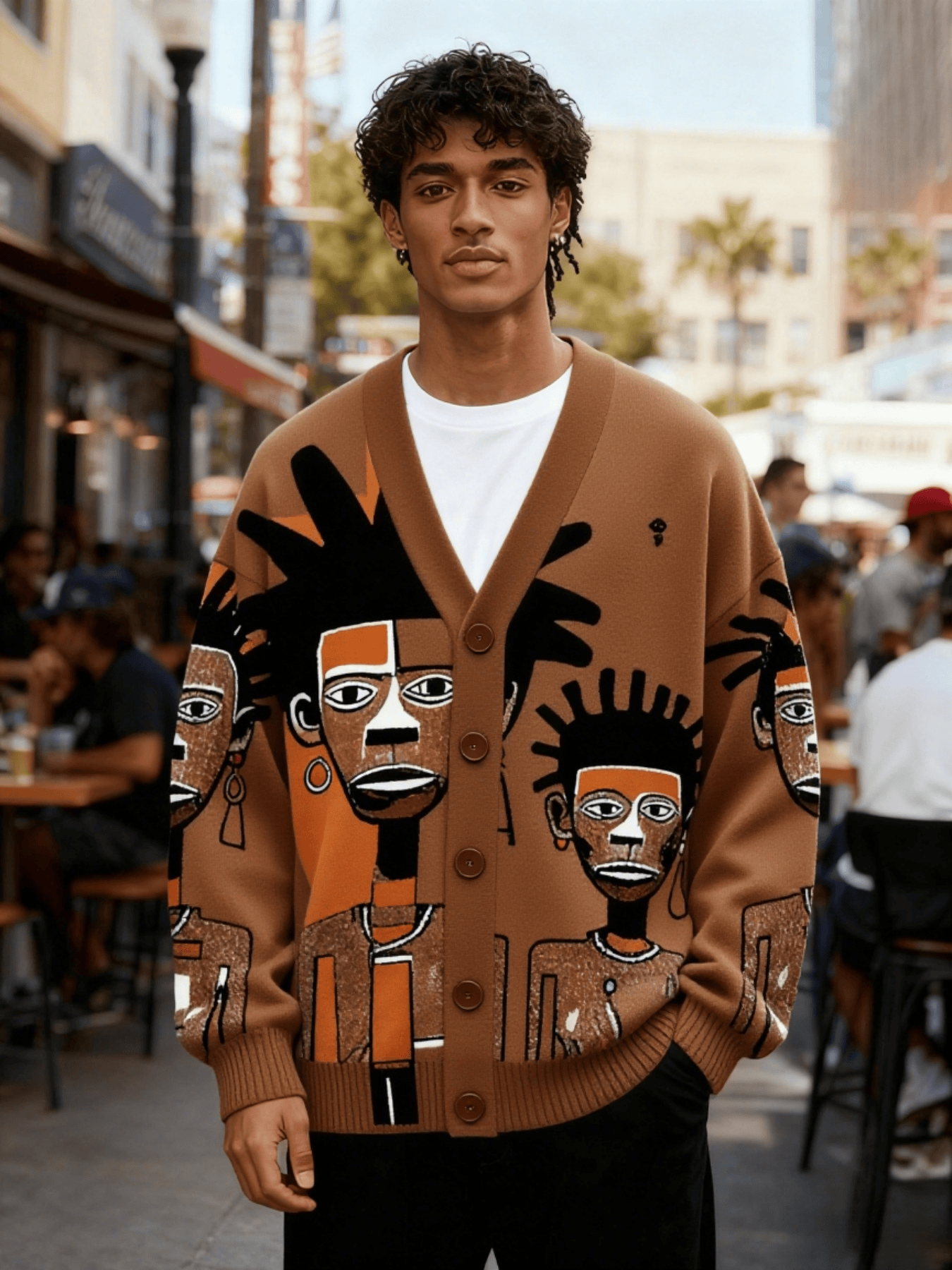 Men Fashion V-Neck Knitted Cardigan with Tribal Portrait Pattern Print, Lightweight Jacket, Casual And Warm Long Sleeves, Trendy And Versatile