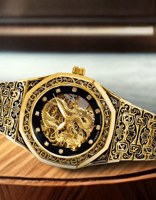 Load image into Gallery viewer, Fashionable Men Golden Steel Band Gorgeous Dragon Carved Fully Automatic Mechanical Watch, Without Battery
