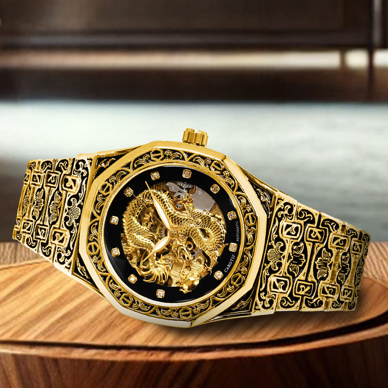 Fashionable Men Golden Steel Band Gorgeous Dragon Carved Fully Automatic Mechanical Watch, Without Battery