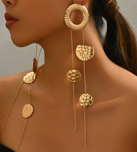 Pair Of Women's Fashionable Draped Earrings, Personalized Hammered Circle, Semi-circle, Geometric Tassel, Long Stud Earrings