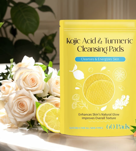 Kojic Acid & Turmeric Cleansing Pads: 60 Pads with Double-Sided Texture for All Light Beige Types - Gentle, Non-Irritating, And Infused with Curcumin, Chamomile, And Turmeric for A Natural Glow