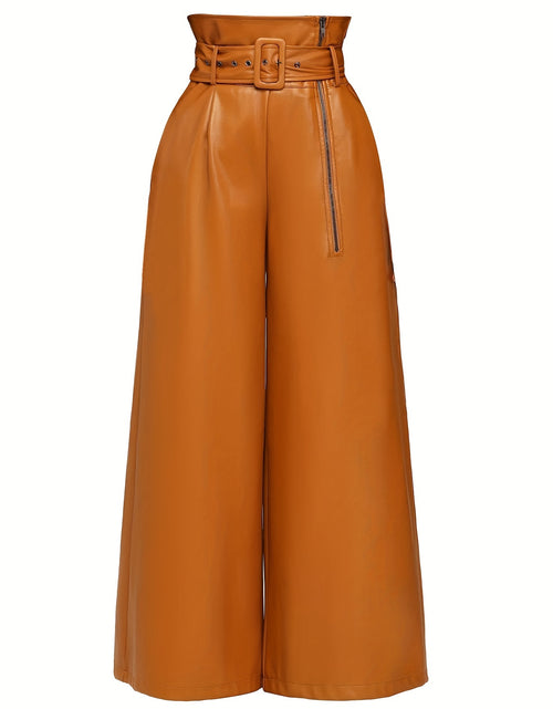 Load image into Gallery viewer, Women High-Waisted Wide Leg Pants with Metallic Belt Detail - Elegant Solid Black Trousers, All-Season Versatile Office &amp; Casual Wear, Durable PU Material,  Easy Care, High Waisted Formal Trousers, Sleek Design, Smooth Textur
