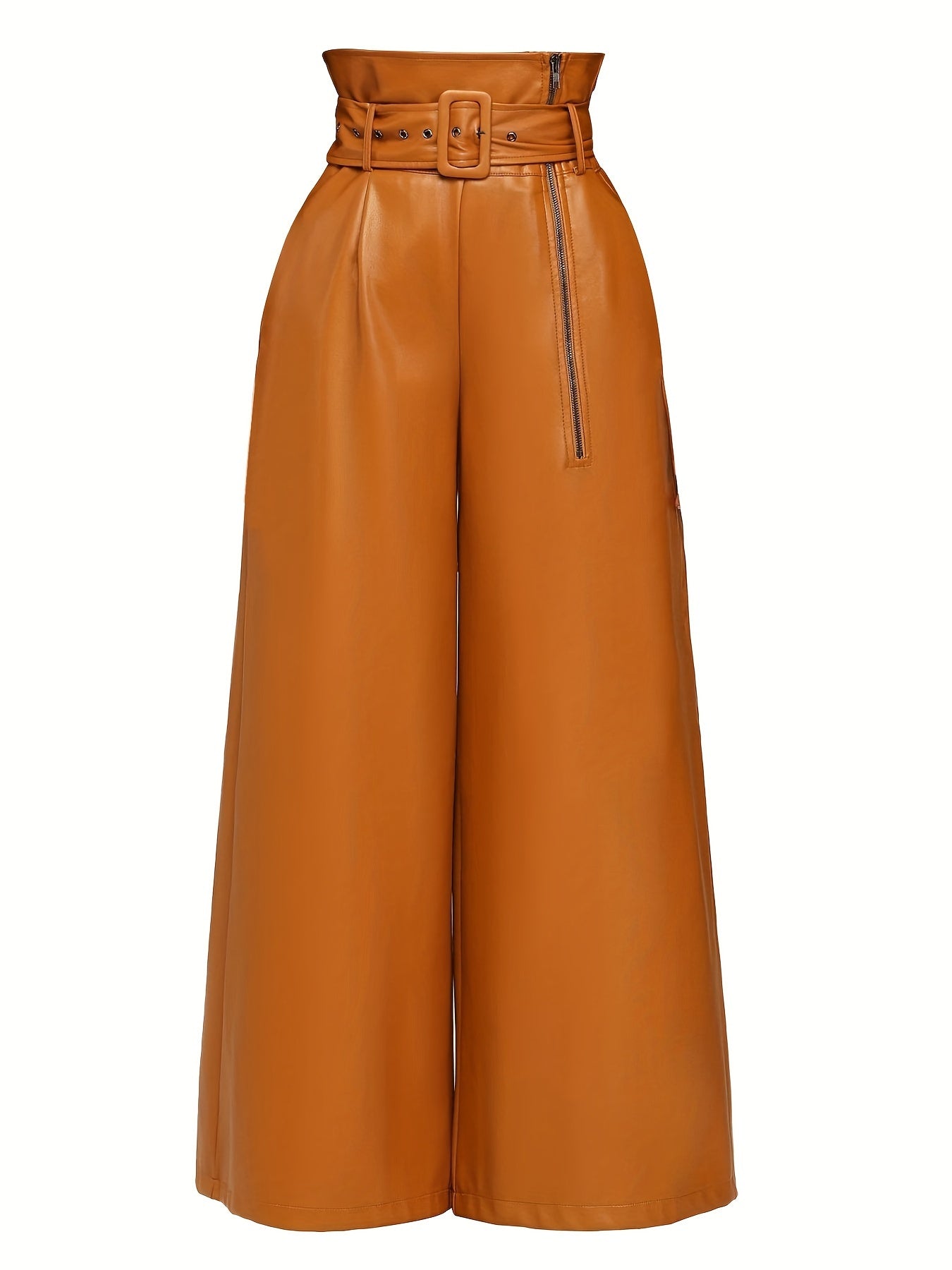Women High-Waisted Wide Leg Pants with Metallic Belt Detail - Elegant Solid Black Trousers, All-Season Versatile Office & Casual Wear, Durable PU Material,  Easy Care, High Waisted Formal Trousers, Sleek Design, Smooth Textur