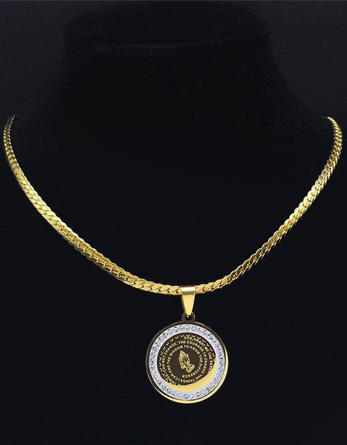 Load image into Gallery viewer, Elegant Golden-Tone Stainless Steel Serenity Prayer Hand Pendant Necklace with Crystal Accents - Hip Hop/Vintage Style Religious Jewelry for Men &amp; Women, Perfect for Daily Wear
