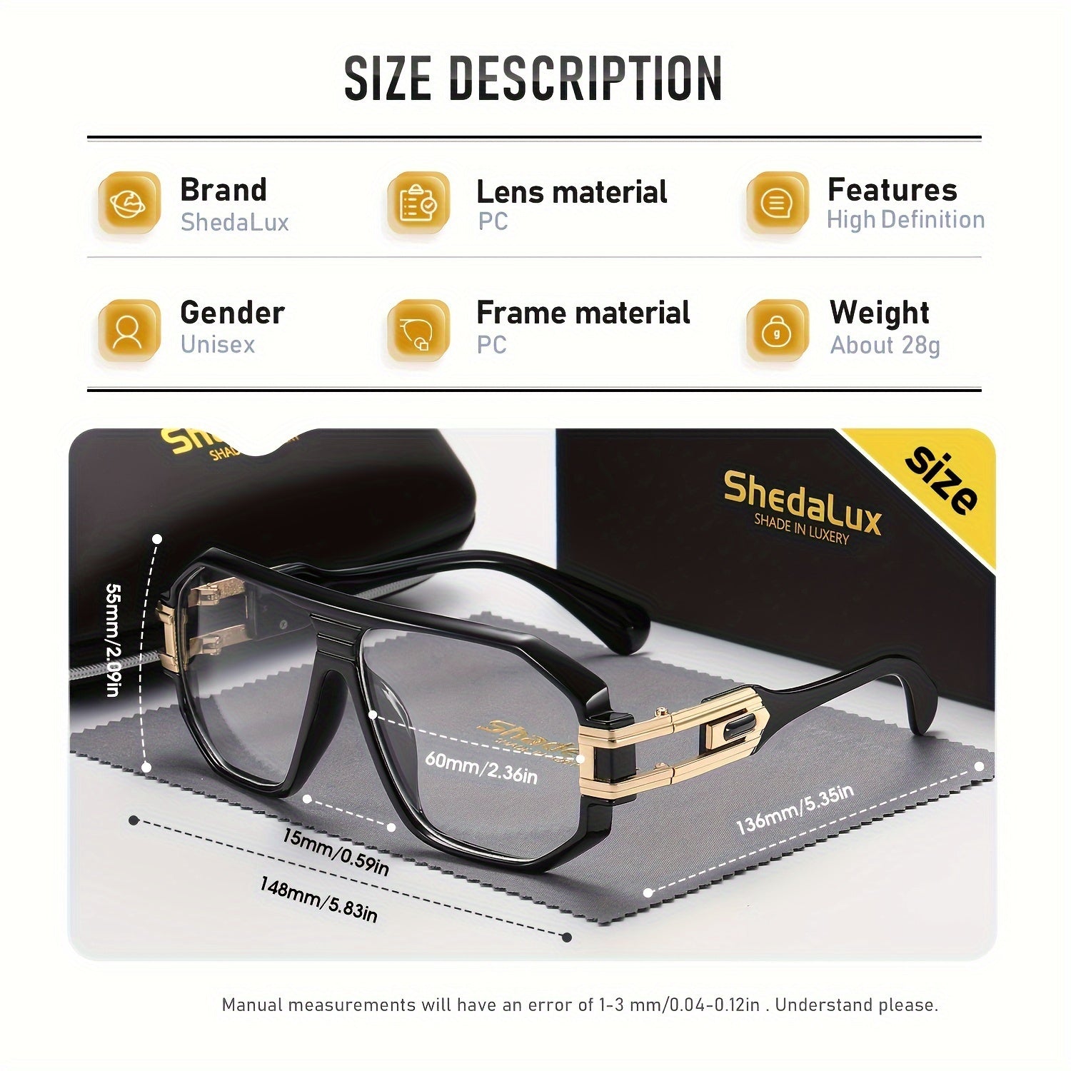 Men's Oversized Metal Frame Fashion Glasses - Black & Golden Accents, Lightweight Durable Design for Casual,, - Includes Protective Case, Casual Eyewear, Trendy Eyewear, Stylish Packaging, Accessories, Sturdy Construction
