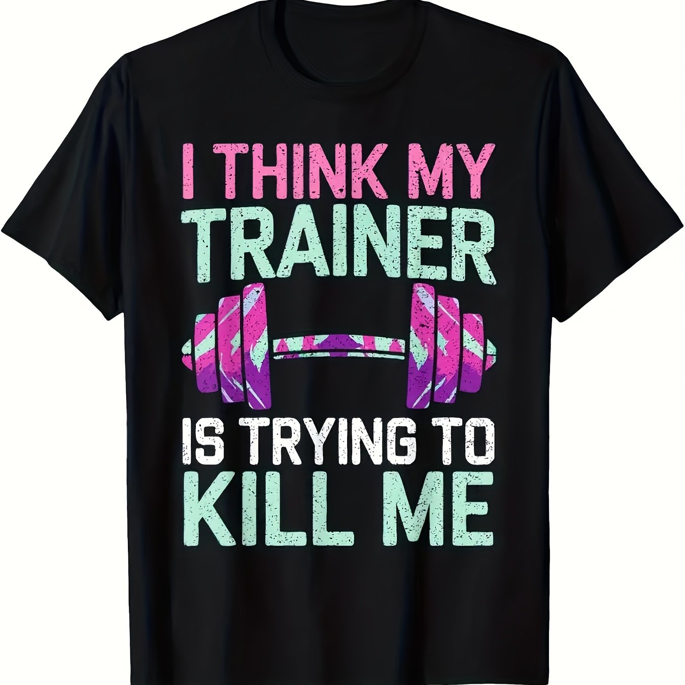 Funny Gym Workout T-Shirt - "I for THINK MY TRAINER IS TRYING to KILL ME" Graphic Tee with Dumbbell Design - Heavyweight Shirt for Men & Women - Black Crew Neck Gym Top - Breathable Muscle Training Apparel - Funny Fitness Gif