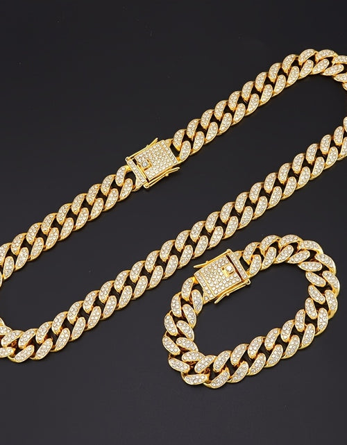 Load image into Gallery viewer, 2pcs Set Necklace &amp; Bracelet Hip Hop Style Unisex Jewelry Suit Cuban Link Chain Design Band Shiny Unisex Jewelry
