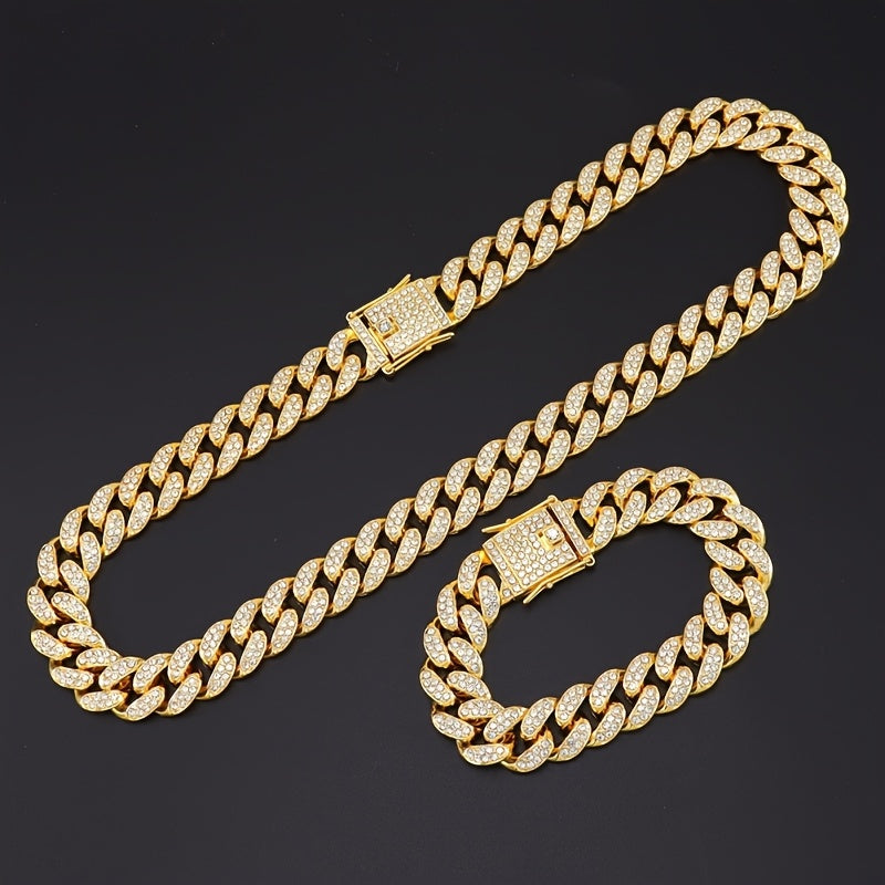 2pcs Set Necklace & Bracelet Hip Hop Style Unisex Jewelry Suit Cuban Link Chain Design Band Shiny Unisex Jewelry