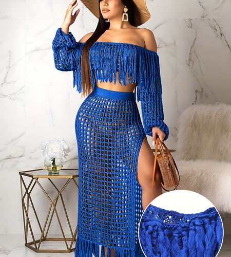 Off-Shoulder Fringe Two-Piece Set Casual Polyester Spandex Knit Long Sleeve Crop Top with Matching Skirt Solid Color Sheer Mesh Grid Pattern Elegant Spring/Fall Outfit