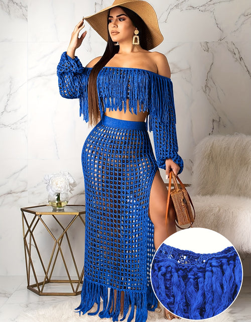 Load image into Gallery viewer, Off-Shoulder Fringe Two-Piece Set Casual Polyester Spandex Knit Long Sleeve Crop Top with Matching Skirt Solid Color Sheer Mesh Grid Pattern Elegant Spring/Fall Outfit
