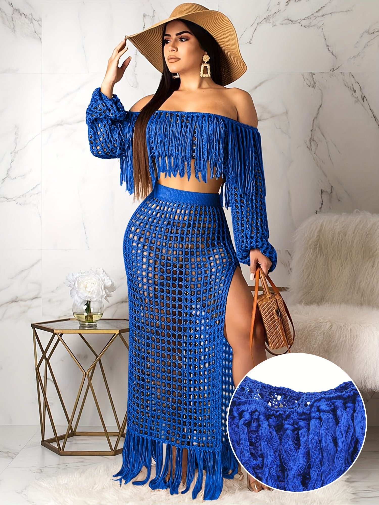 Off-Shoulder Fringe Two-Piece Set Casual Polyester Spandex Knit Long Sleeve Crop Top with Matching Skirt Solid Color Sheer Mesh Grid Pattern Elegant Spring/Fall Outfit