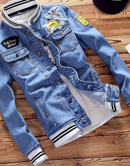 Load image into Gallery viewer, Men Vintage Distressed Denim Jacket - Slim Fit Biker Streetwear with Embroidered Design, Classic Baseball Uniform Style, Blue Casual Jacket for Trendy Outfits
