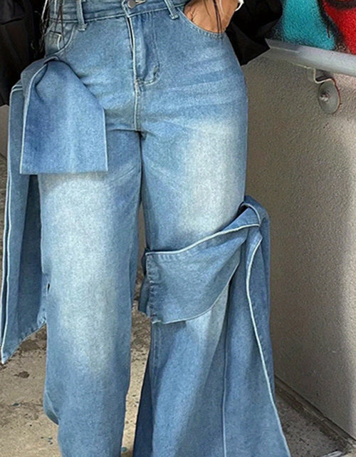 Load image into Gallery viewer, Women&#39;s High-Waisted Wide-Leg Jeans with Bow Tie Detail - Vintage Washed Denim, Y2K Streetwear Style, Machine Washable Straight-Leg Pants
