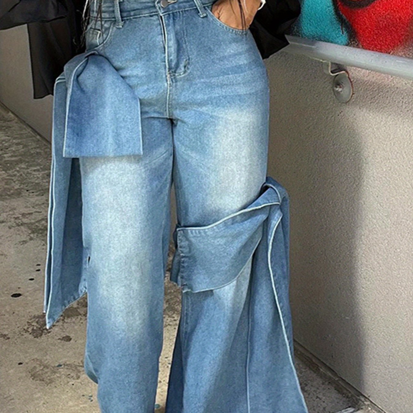 Women's High-Waisted Wide-Leg Jeans with Bow Tie Detail - Vintage Washed Denim, Y2K Streetwear Style, Machine Washable Straight-Leg Pants