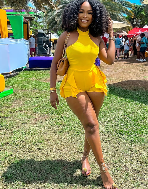 Load image into Gallery viewer, Women&#39;s Sexy Halter-Neck Romper with Flirty Ruffle Hem - Sleeveless Vibrant Yellow Stretchy Machine-Washable Jumpsuit for Spring/Summer Outings, Beach Parties &amp; Casual Wear, Beach Dresses
