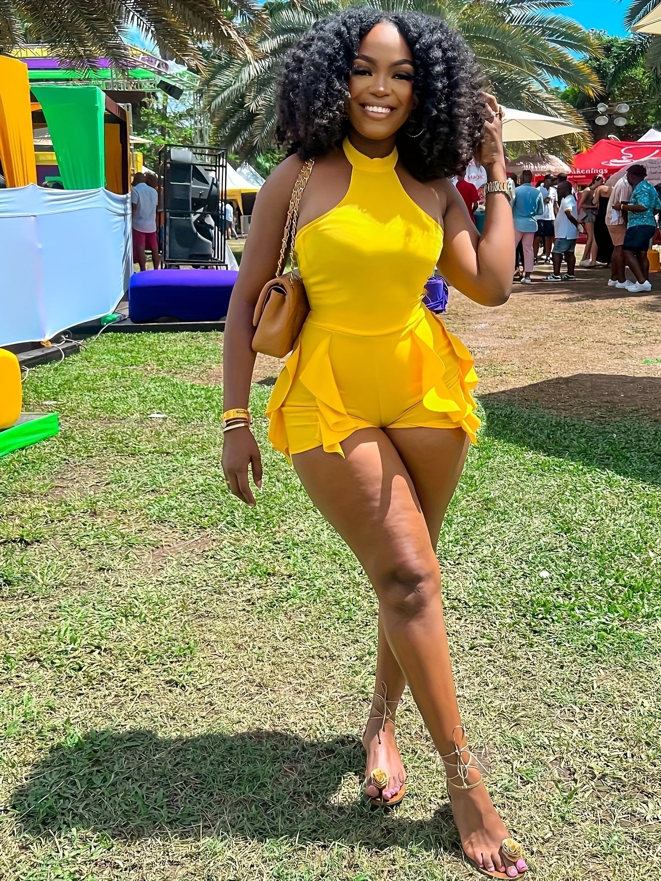 Women's Sexy Halter-Neck Romper with Flirty Ruffle Hem - Sleeveless Vibrant Yellow Stretchy Machine-Washable Jumpsuit for Spring/Summer Outings, Beach Parties & Casual Wear, Beach Dresses