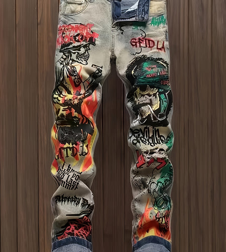 Men - Stretch Denim Pants with Elastic Waist, Slim Straight Leg Fit, All-Season Streetwear for Hip-Hop, Y2K Outfits, Concerts & Casual Attire - Machine Washable Urban Fashion Jeans, Graffiti Print, Comfortable Fit Jeans