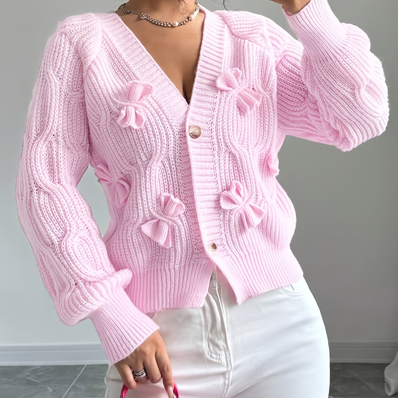 Women's Elegant Soft Pink Sweater Cardigan - Chic V-Open Front Neckline, Long Sleeve Layering Piece for Fall/Winter, Non-Transparent Sweater for Everyday & Formal Outfits, Winter Apparel, Ribbed Texture, Durable Knitwear