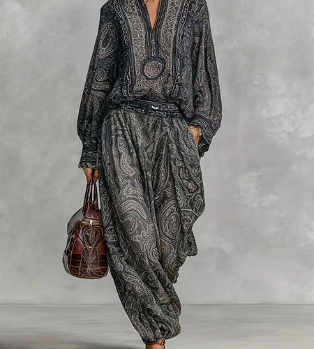Women Elegant Vintage Paisley Print Chiffon Long-Sleeve Top with a Stand Collar, Paired with Loose-Fitting Wide-Leg Pants for Casual Everyday Wear