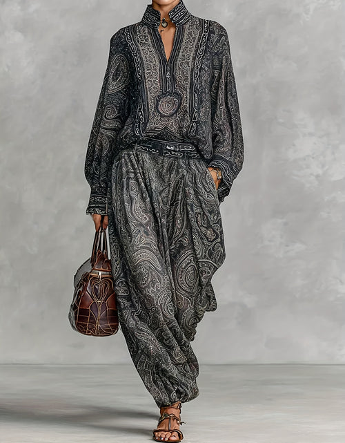 Load image into Gallery viewer, Women Elegant Vintage Paisley Print Chiffon Long-Sleeve Top with a Stand Collar, Paired with Loose-Fitting Wide-Leg Pants for Casual Everyday Wear
