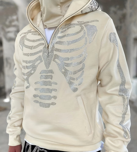 Skeleton Print Hooded Sweatshirt, Casual Polyester Knit Fabric with Medium Stretch, Lined, with 1/4 Zip, for Men and Women, All-Season Gothic Glitter Style