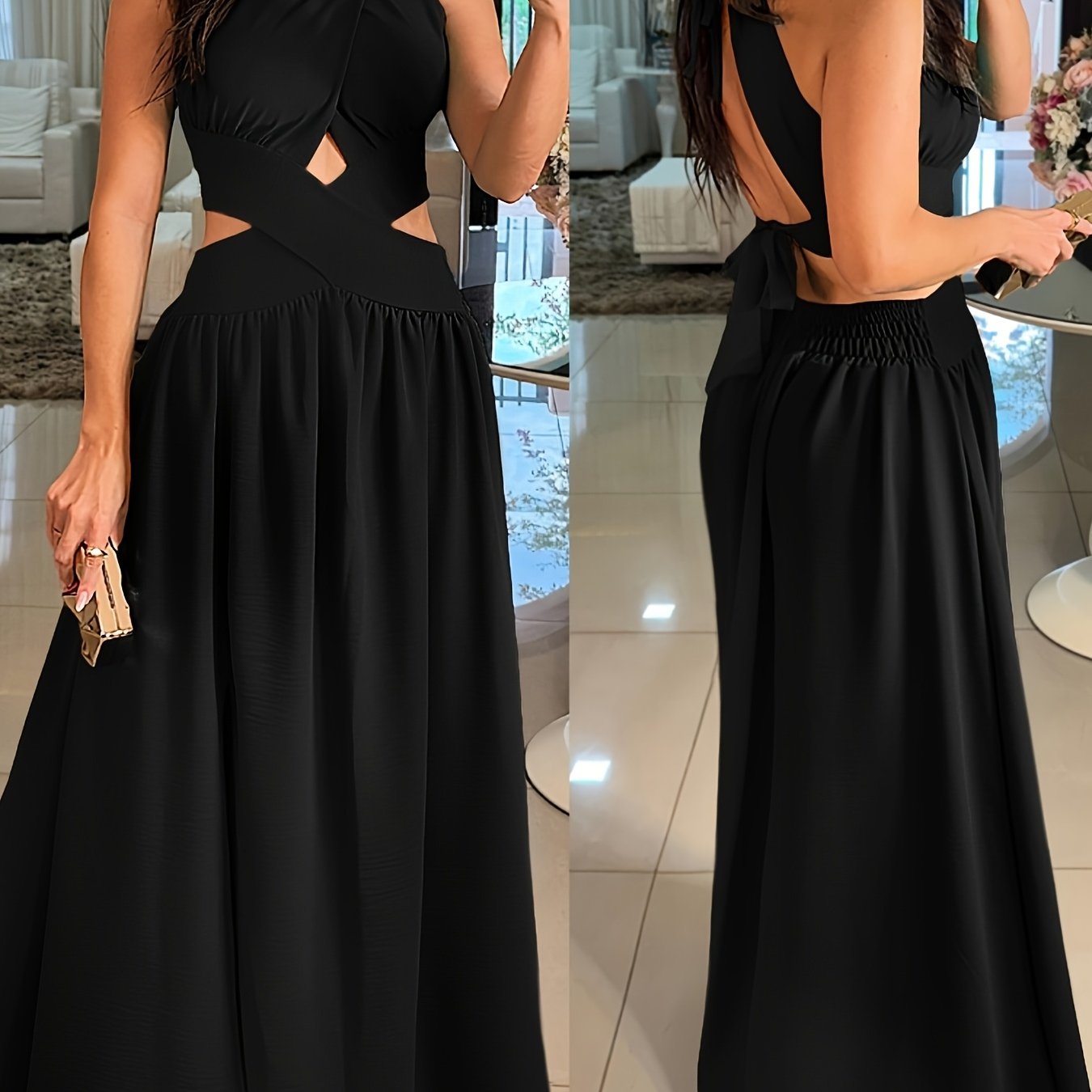 Sexy Backless Women's Evening Gown | Long Flared Skirt Formal Party Dress with Waist Cross Straps & Open Back, Round Neck Spring Summer Casual to Formal Attire