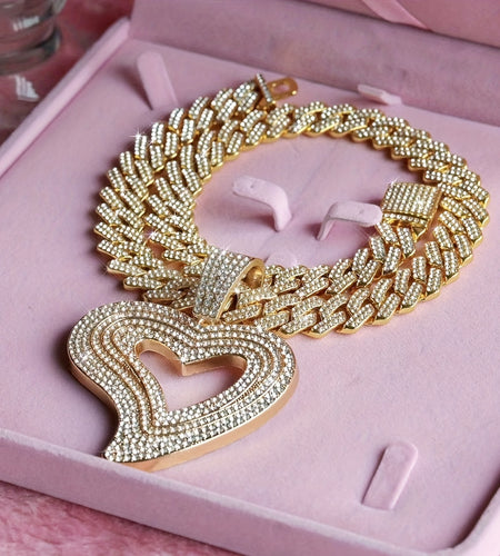 Hip Hop Style Necklaces Bling Bling Y2K Style Heart Pendant Necklace Lover 's Cuban Chain Inlaid Rhinestone Jewelry