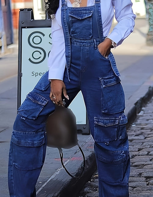Load image into Gallery viewer, Stylish Denim Overalls Loose Fit Women&#39;s Blue Denim Overalls - Wide Leg Cargo Jumpsuit with Adjustable Straps, Flap Pockets, Non-Stretch Fabric, Perfect for Casual Streetwear
