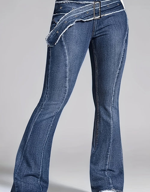 Load image into Gallery viewer, Ladies' Retro Washed Fringed Fake Waistband Design with Curved Edge And Slightly Flared Jeans
