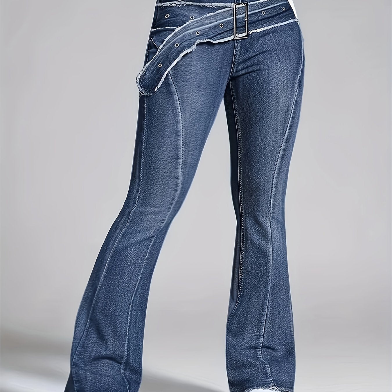 Ladies' Retro Washed Fringed Fake Waistband Design with Curved Edge And Slightly Flared Jeans