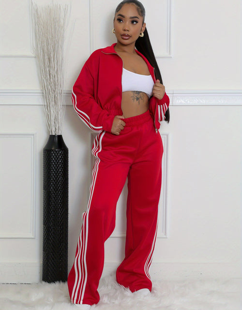 Load image into Gallery viewer, Autumn Striped Long-Sleeved Two-Piece Set - Contrasting Color Zipper Thickened Sweatshirt Casual Commuting Set, Solid Color Striped Side Trim, Elastic Short Top, Comfortable Straight-Leg Pants
