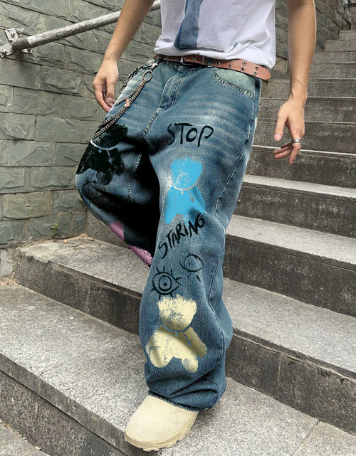 Load image into Gallery viewer, Men&#39;s Streetwear Wide-Leg Floor-Length Oversized Jeans - High-Waisted Elastic Waist Trousers with Letter Print (Stop/Go/Up//Yes/No) &amp; Pocket Design -
