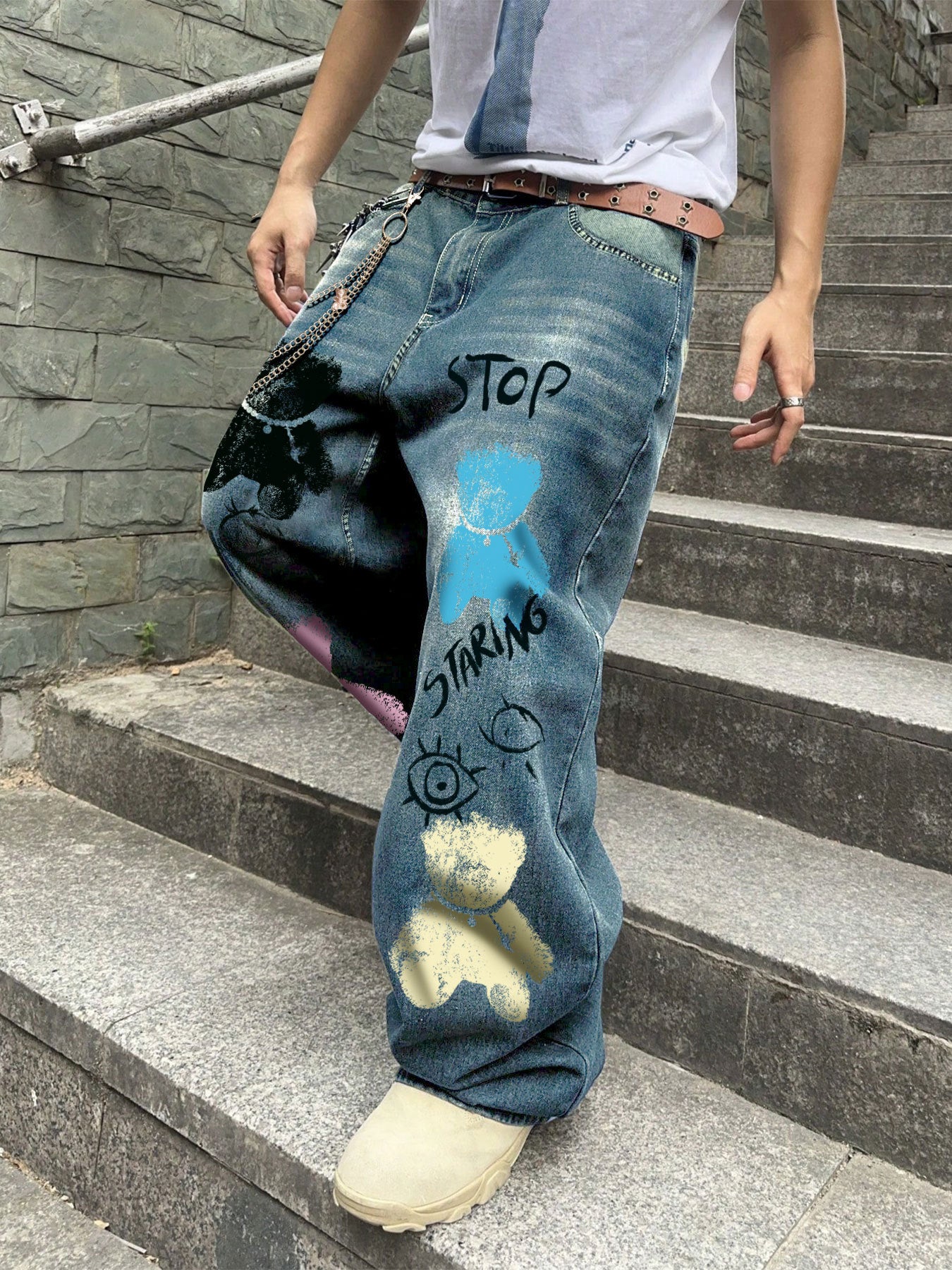 Men's Streetwear Wide-Leg Floor-Length Oversized Jeans - High-Waisted Elastic Waist Trousers with Letter Print (Stop/Go/Up//Yes/No) & Pocket Design -