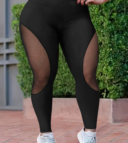 Plus Size High-Waisted Leggings with Breathable Stretch Fabric, Mesh Panels, Athletic Tights
