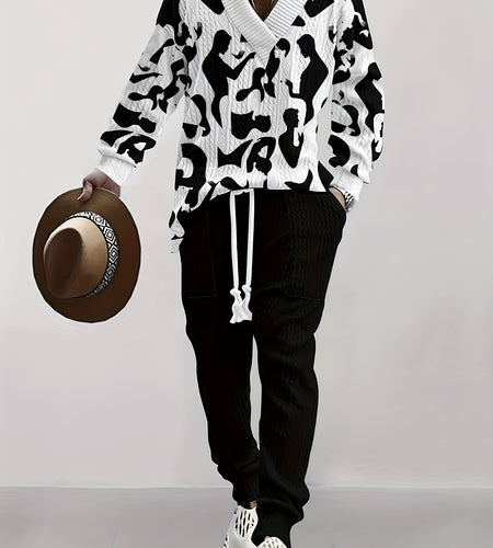 Men Stylish Black and White Cow Print Long Sleeve Sweater & Pants Set - V-Neck, Drawstring Waist, Comfortable Polyester Blend, Perfect for Fall/Winter, Casual V neck Sweater Polyester Blend