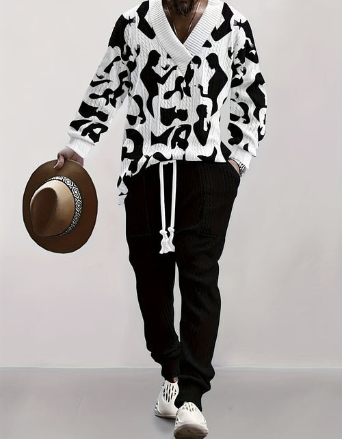 Load image into Gallery viewer, Men Stylish Black and White Cow Print Long Sleeve Sweater &amp; Pants Set - V-Neck, Drawstring Waist, Comfortable Polyester Blend, Perfect for Fall/Winter, Casual V neck Sweater Polyester Blend
