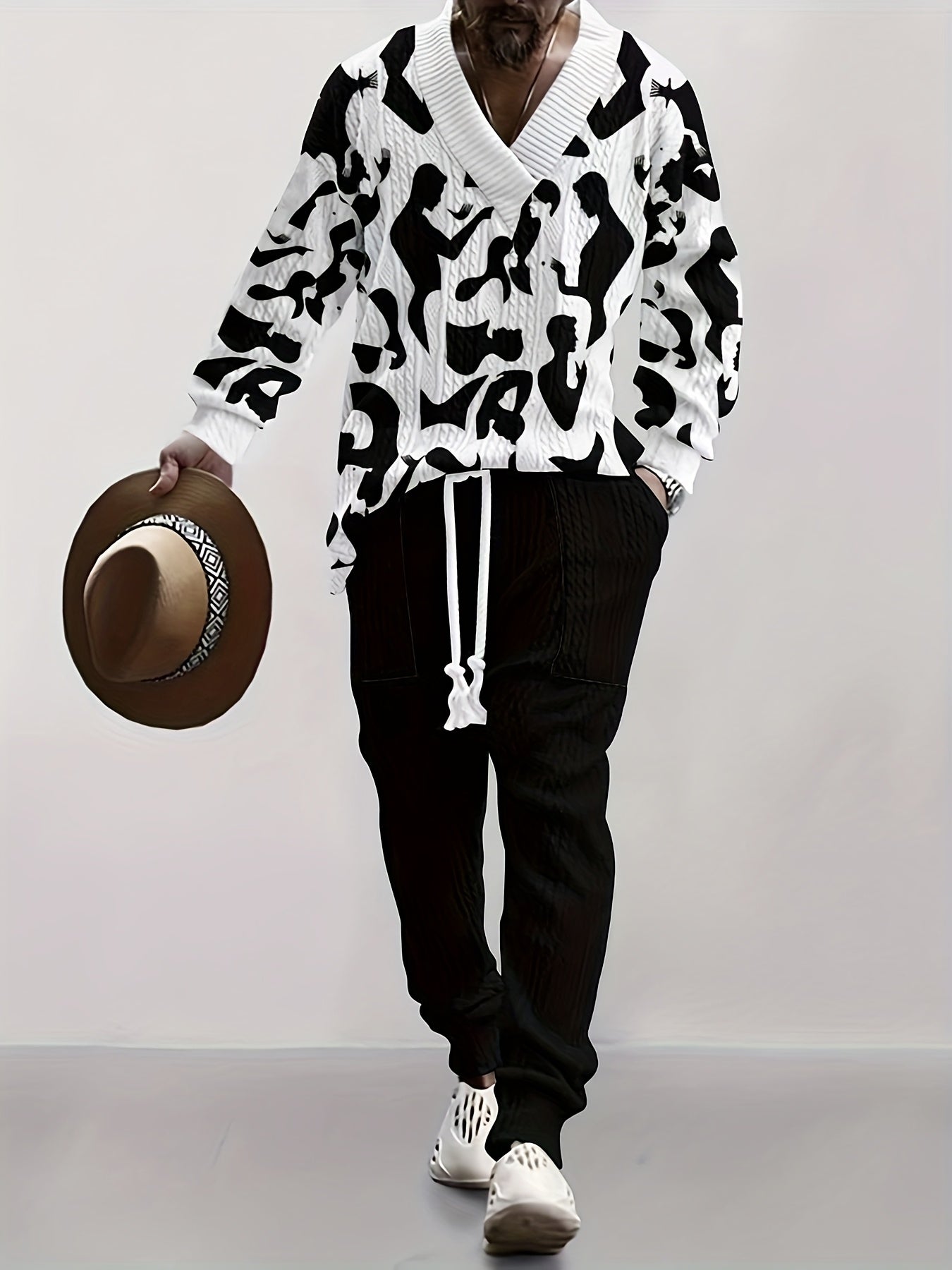 Men Stylish Black and White Cow Print Long Sleeve Sweater & Pants Set - V-Neck, Drawstring Waist, Comfortable Polyester Blend, Perfect for Fall/Winter, Casual V neck Sweater Polyester Blend