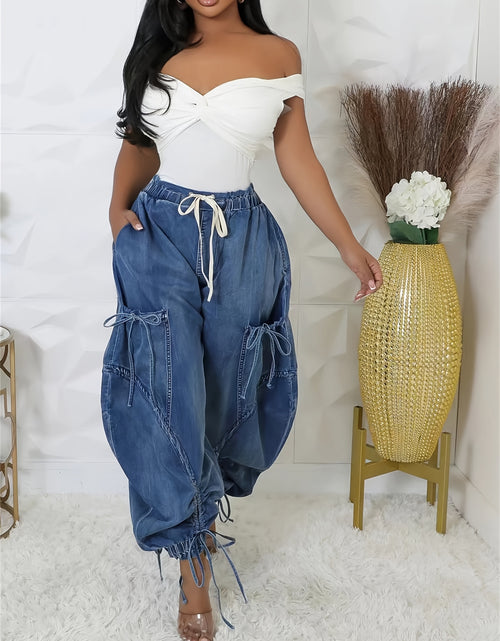Load image into Gallery viewer, Women Baggy Denim Harem Pants - Elastic Drawstring Waist Wide Leg Jeans With Bow Tie &amp; Pockets  (Vintage Distressed Wash)
