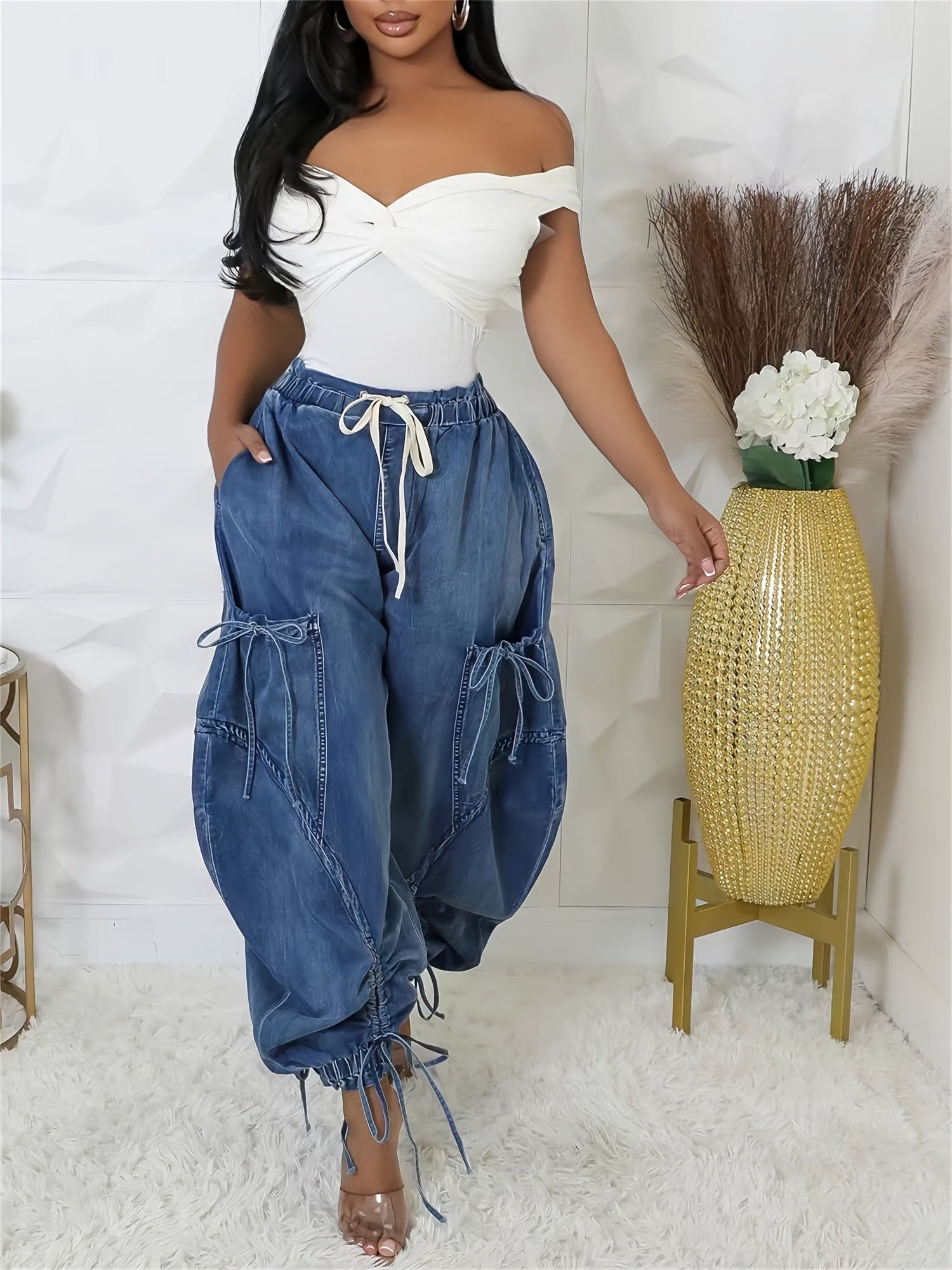 Women Baggy Denim Harem Pants - Elastic Drawstring Waist Wide Leg Jeans With Bow Tie & Pockets  (Vintage Distressed Wash)