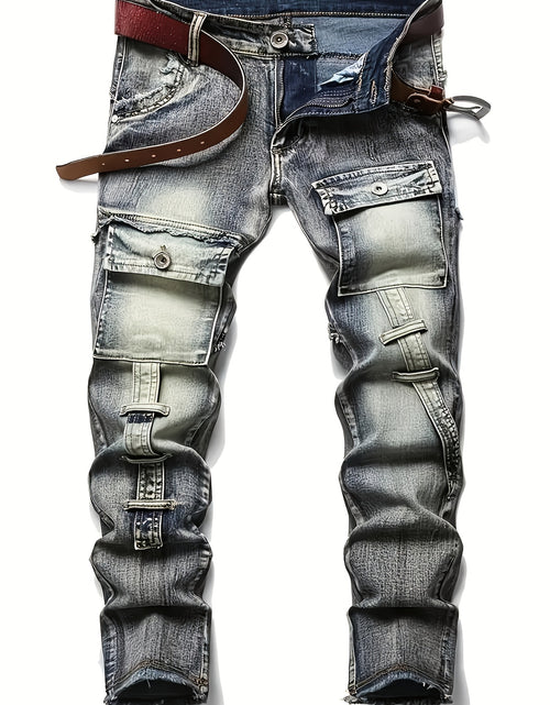 Load image into Gallery viewer, Men Jeans - Mid-Waist Elastic Slim Straight Leg, Heavy-Duty Workwear Pants with Zipper Closure, Stretch Denim Trousers for Streetwear, Casual
