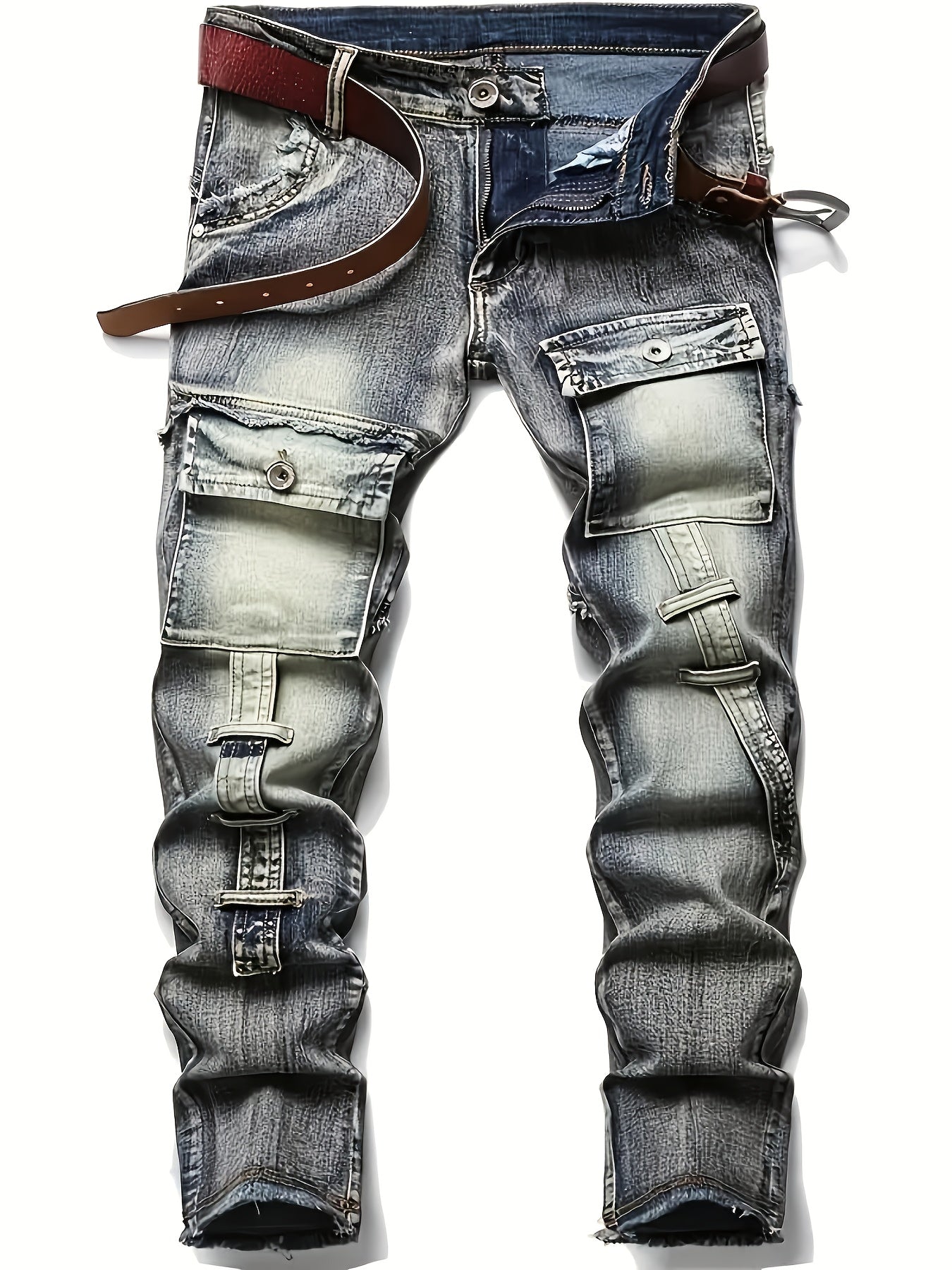 Men Jeans - Mid-Waist Elastic Slim Straight Leg, Heavy-Duty Workwear Pants with Zipper Closure, Stretch Denim Trousers for Streetwear, Casual