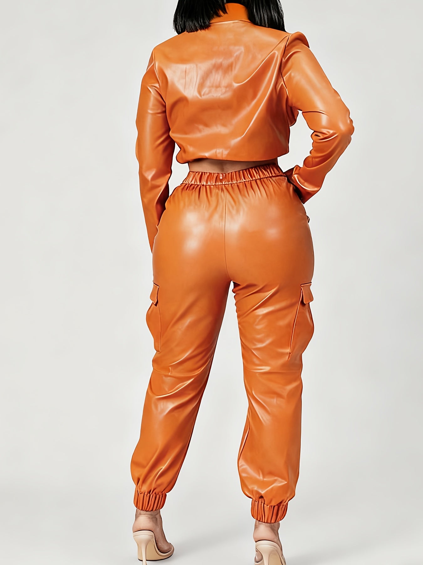 Fashionable Orange Retro Sexy High-end Slim-fit Stylish Top And Long Pants with Pockets
