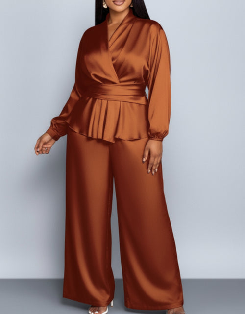 Load image into Gallery viewer, Plus Size, Plus - Size Women&#39;s Satin V - Neck Top &amp; Wide - Leg Pants Two - Piece Set |The waist design adds layers Very Fashionable
