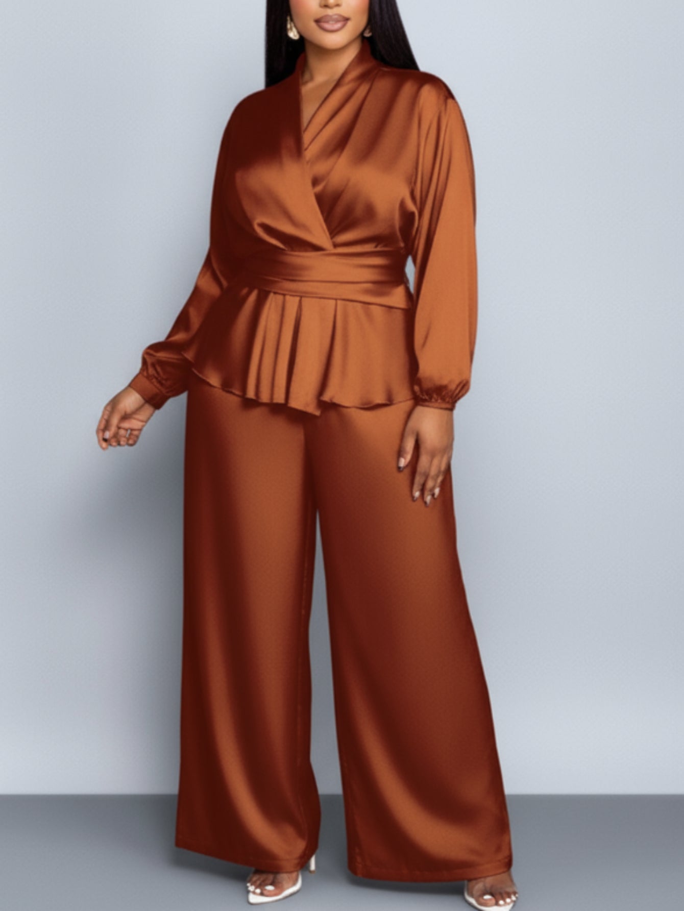 Plus Size, Plus - Size Women's Satin V - Neck Top & Wide - Leg Pants Two - Piece Set |The waist design adds layers Very Fashionable