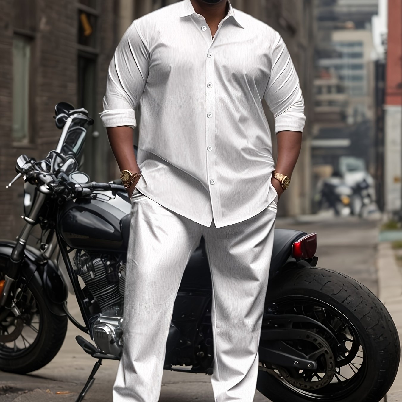 Plus Size Men Casual Suit Set - 1set Polyester Lapel Shirt with Slight Stretch, Regular Fit  - Stylish and Comfortable Outfit