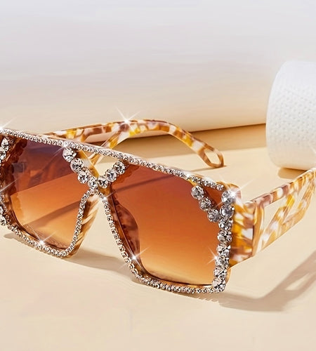 Large Rhinestone Adorned Hollow Geometric Mirror Sunglasses -
