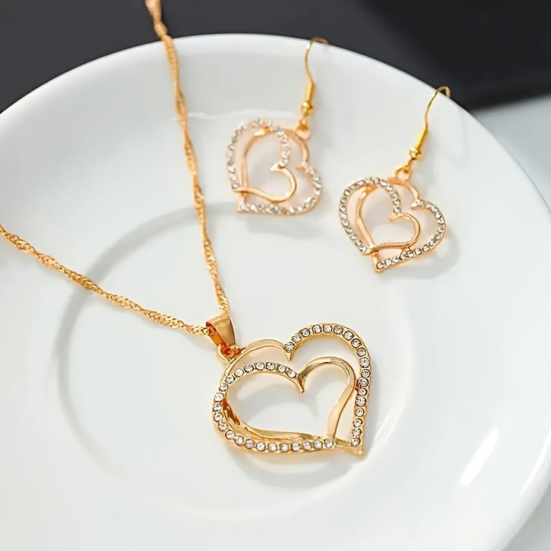 A Pair Of Earrings And A Necklace,  Romantic Style Jewelry Set, Sparkling Heart-shaped Design, Perfect Valentine's Day And Birthday Gifts.
